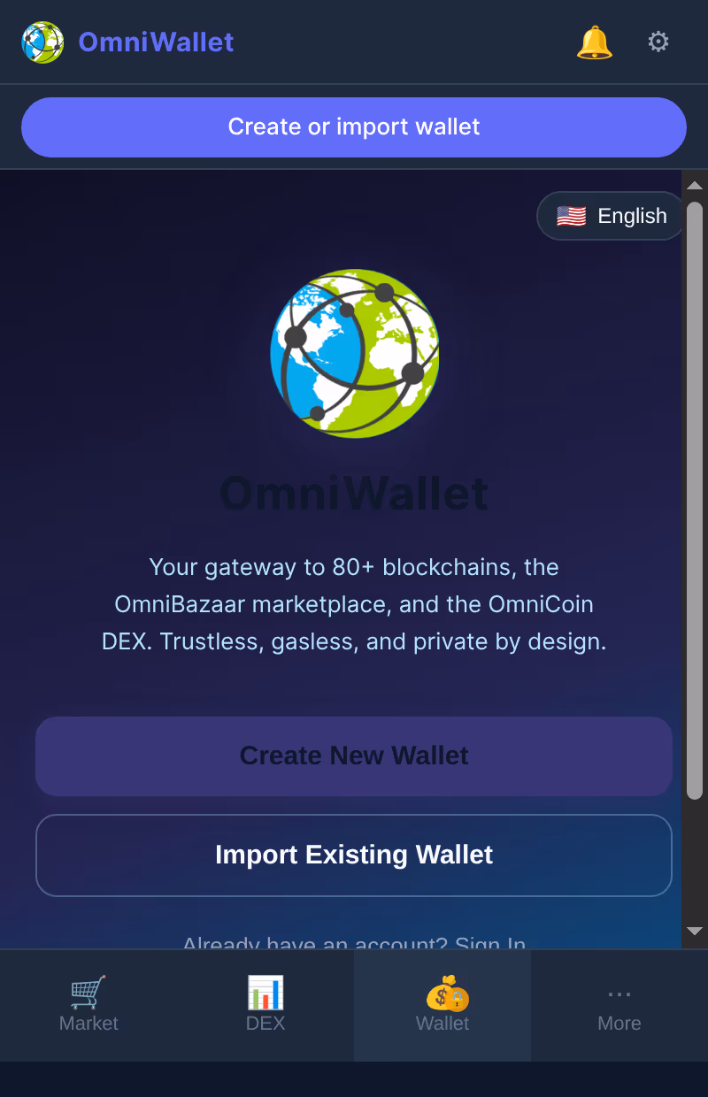 OmniWallet extension popup — onboarding screen with create or import wallet options