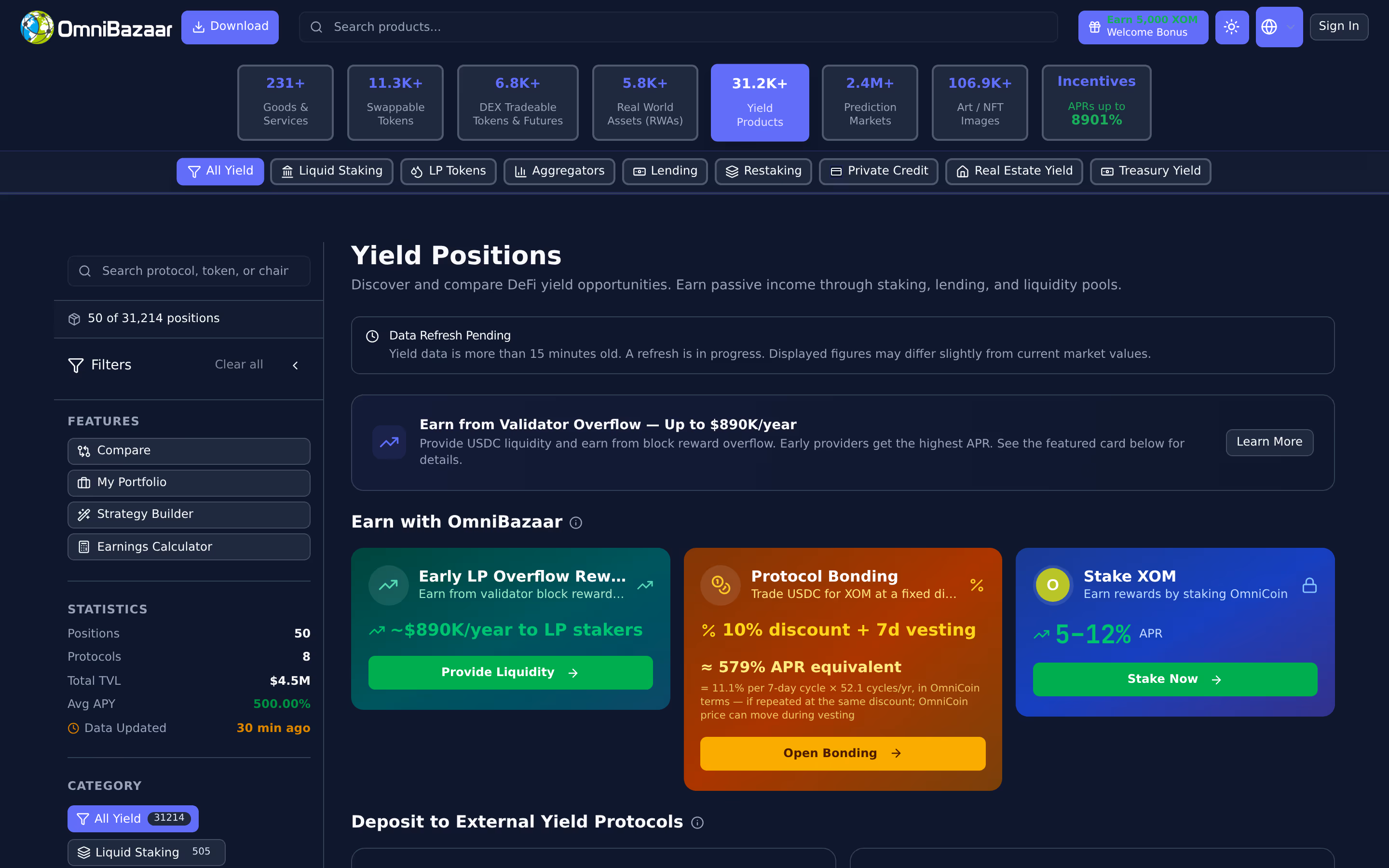 Earn & real-world assets — live OmniBazaar app screenshot